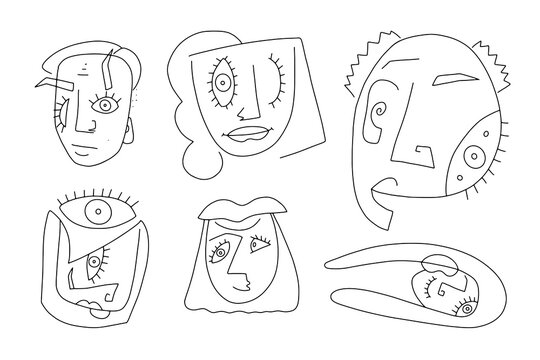 Doodle abstract men, women faces set. Hand drawn line portraits isolated on white background. Modern cubism style characters, artistic avatars collection, design elements. Vector minimal illustration