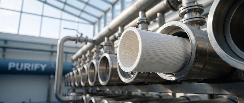 Water filtration membrane cartridge system being installed in industrial steel pipes for clean purification processing in a modern treatment plant facility with sustainable environmental technologies.