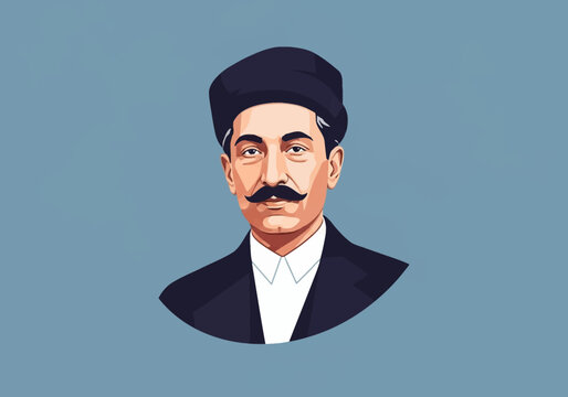 Minimalist vector portrait of Allama Muhammad Iqbal, Pakistan's national poet and philosopher, wearing a black suit and traditional cap on a plain light blue background.
