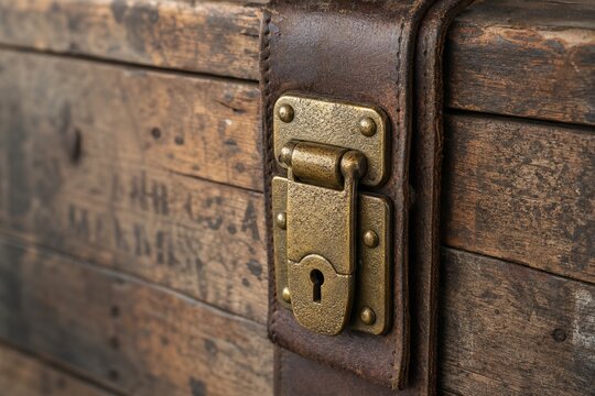 hasp. A heavy brass hasp fastened on the leather strap of an aged wooden crate. real-estate listings, architecture portfolios, designed for interior renovation comparisons for interiors.