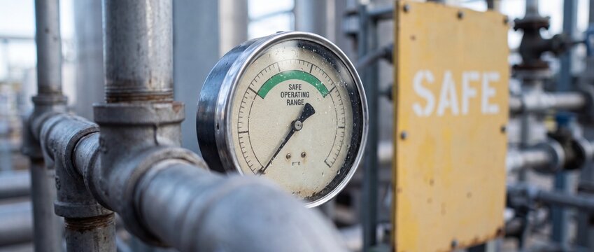 Industrial pressure gauge safety indicator measuring pipe line pressure in chemical factory oil refinery facility for compliance control, hazard prevention, secure monitoring, and plant maintenance.