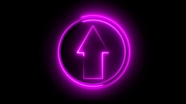 Glowing neon pink color direction up arrow sign icon animation journey information road sign signal circle sign symbol on black background	
