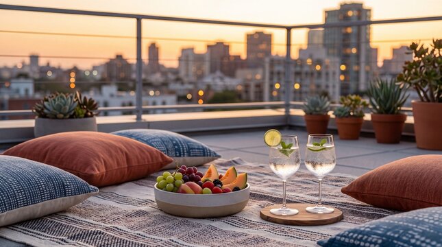 Rooftop sunset picnic setup, Urban terrace outdoor dining, Fruit bowl and clear glasses, Modern lifestyle gathering, Clean city background