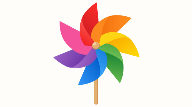 A clean flat vector illustration of a bright colorful pinwheel toy spinning in the breeze, suitable for children's event flyers, toy catalog visuals, and summer outdoor activity promotional materials.