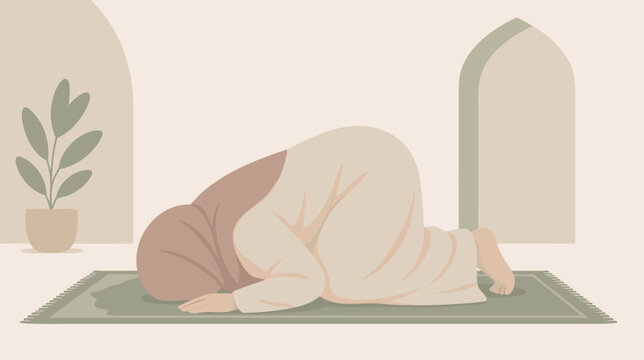 A clean flat vector illustration of a faceless person kneeling in the sujud prostration pose, perfect for use in Islamic content, spiritual app designs, and cultural greeting cards.