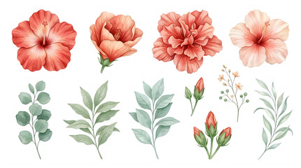 Fototapeta premium Watercolor illustration of pink flowers and green leaves isolated on transparent background