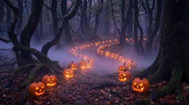Glowing jack-o-lanterns line winding path in foggy forest at halloween