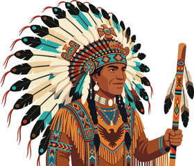 Obraz premium Native American man in traditional headdress holding ceremonial staff against white background