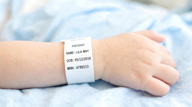 A newborn baby's tiny wrist wearing a white hospital identification band with printed patient details resting on a soft blue blanket, ideal for healthcare and maternity content.