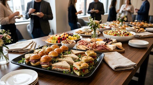 Gourmet assorted mini sandwiches arranged on black platter for professional catering event with people networking in bright office background.