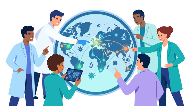 Diverse multicultural scientists tracking global virus spread on world map background flat design vector illustration