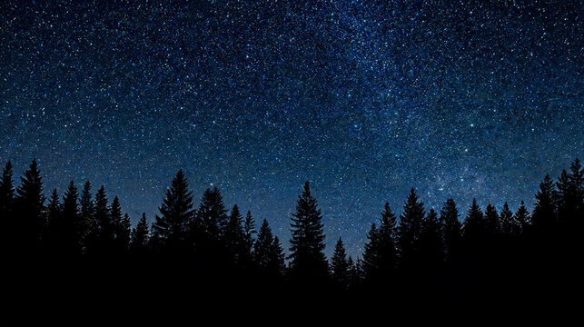 Forest silhouette panorama beneath an expansive deep blue night sky densely covered with stars and the faint glow of the Milky Way, suitable for nature photography, astronomy, and outdoor adventure.