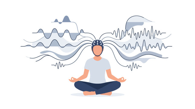Meditating person wearing wireless EEG headset visualizing brain wave frequency patterns flat vector illustration