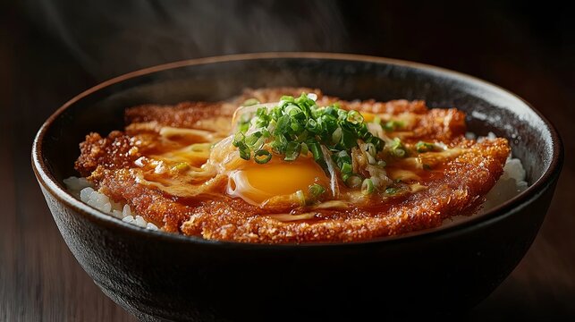 Hot steaming katsudon Japanese breaded pork cutlet rice bowl savory egg sauce fresh green onions