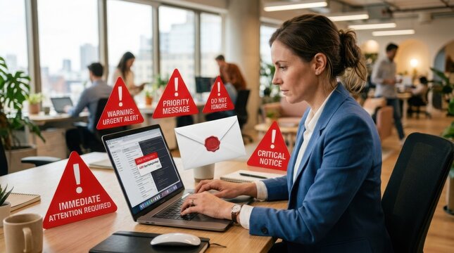 Woman typing on laptop with warning signs in office setting