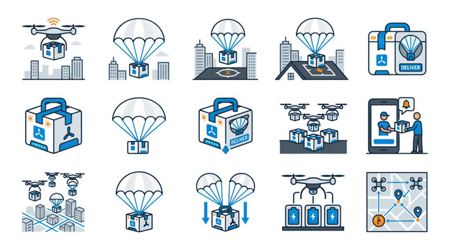 Detailed drone delivery and parachute shipping service icons.