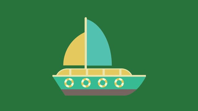 Boat on the is blue yellow sail it isolated on green screen background
