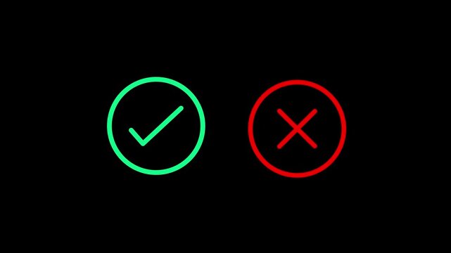Pop up green check mark and red cross icon symbol on black background. Check box with right and wrong buttons and yes or no animation concep