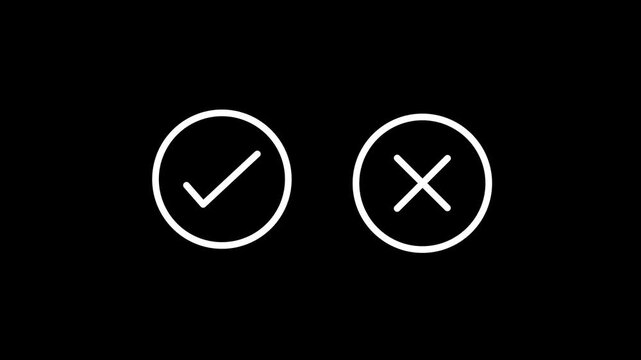 Pop up green check mark and red cross icon symbol on black background. Check box with right and wrong buttons and yes or no animation concep