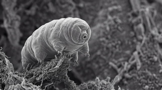 Microscopic tardigrade water bear crawling on moss in scanning electron micrograph