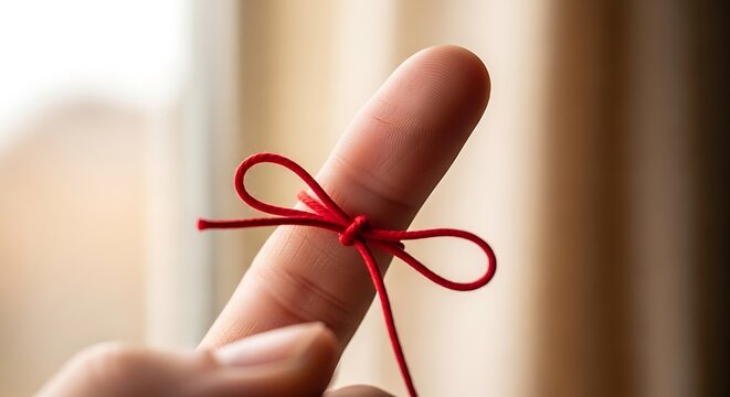 Red string tied around a finger as a visual reminder or memory aid
