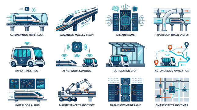 Futuristic smart city transit and autonomous transportation icon set.