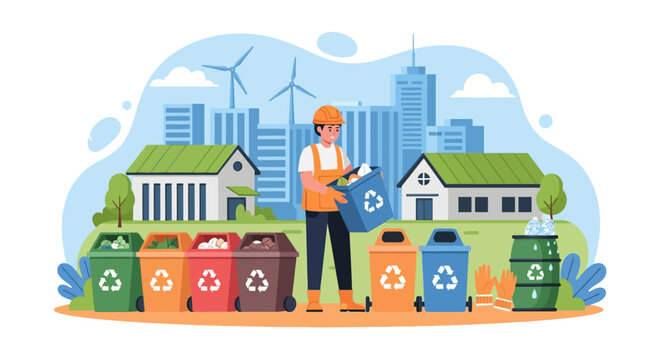 Worker sorting recyclables at eco-friendly city recycling center.