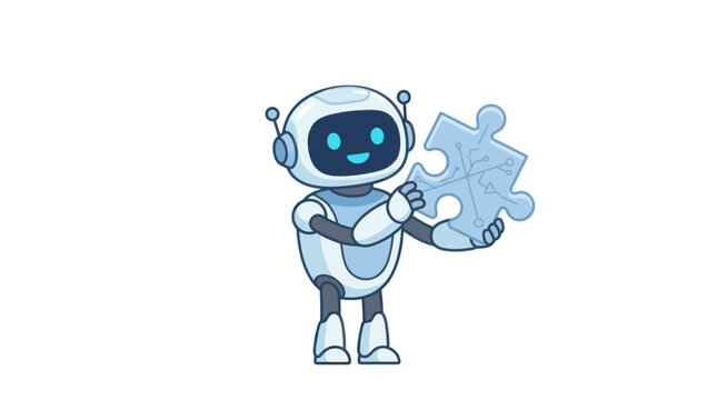 Helpful robot holding blue jigsaw puzzle piece for solution