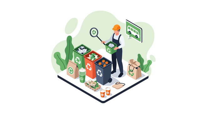 Worker sorting waste into recycling bins for environmental protection.