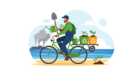 Fototapeta premium Gardener riding bicycle with plants and shovel.
