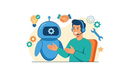 Fototapeta premium Customer service agent and AI robot providing technical helpdesk solutions flat design vector illustration