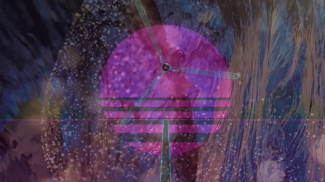 Abstract neon pink circular sun and wind turbine digital graphic overlay
