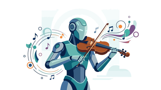 Futuristic humanoid robot playing a classic wooden violin surrounded by musical notes flat vector illustration.