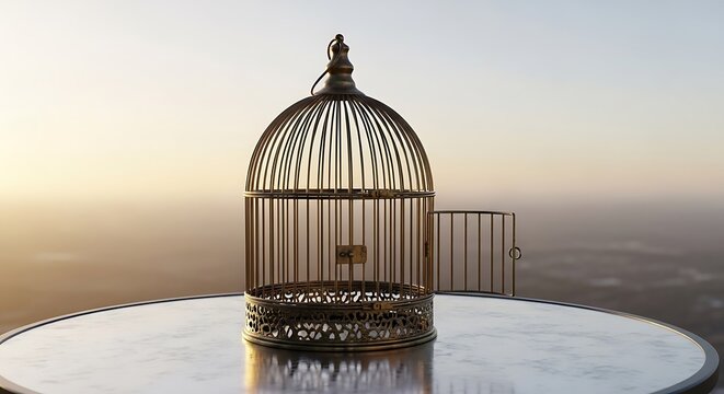 Empty metal bird cage with open door placed on a table at sunset