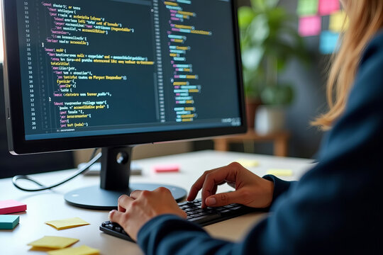 Focus on a Web Developer's Hands Typing on a Large Monitor Showcasing Website Accessibility Features, Surrounded by Sticky Notes and Guidelines in the Workspace.