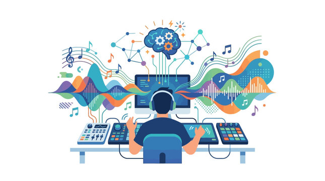Professional electronic musician composing digital audio with AI processing and colorful soundwaves flat design vector illustration