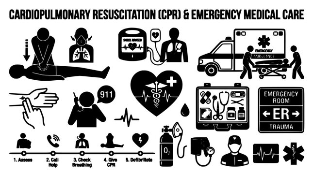 Cardiopulmonary Resuscitation Cpr Emergency Medical Care Vector Illustration with Icons, Ambulance, Aed, Er and Trauma Labels
