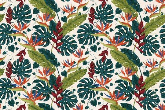 Exotic seamless pattern with vibrant bird of paradise flowers, red heliconia, monstera leaves, and palm fronds on a light cream background