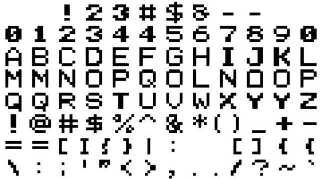 Pixelated Bitmap Font Display with Symbols, Digits, and Geometric Punctuation in a Monochrome Terminal Style Grid