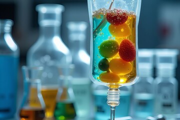 Naklejka premium Detailed close-up of a transparent IV drip bag containing vibrant, colorful liquids representing different vitamins and nutrients, with lab equipment and chemical formulas softly blurred.
