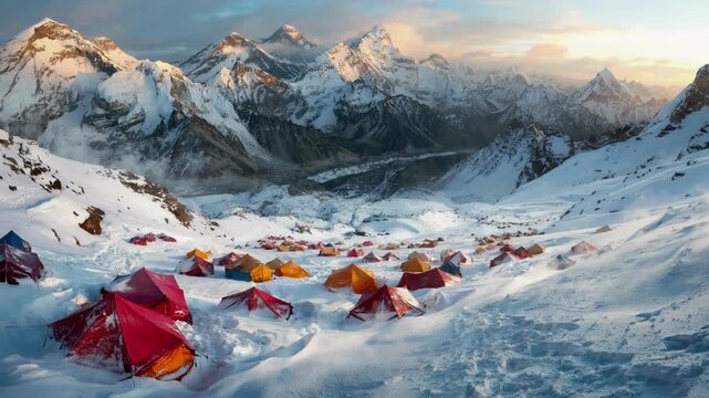 Mountain Expedition Camp Setup in Vast Snowy Alpine Landscape at Sunrise Cinematic Adventure Travel