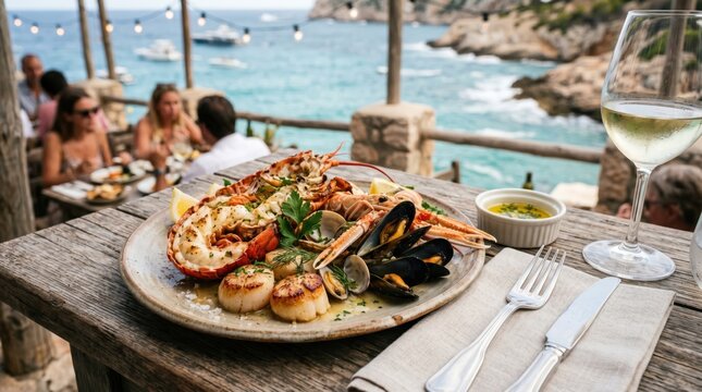 Luxury Seafood Platter with Lobster and Scallops at Coastal Mediterranean Restaurant Overlooking Ocean for Fine Dining Concept