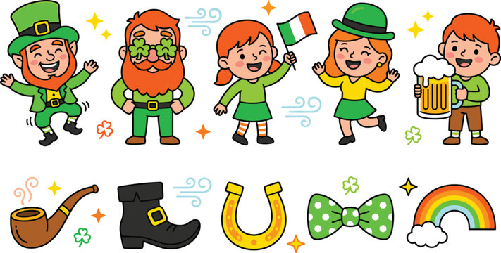 Vector illustration collection of cute Saint Patricks Day characters and elements including leprechaun waving irish flag drinking beer horseshoe rainbow pipe and bow tie icons