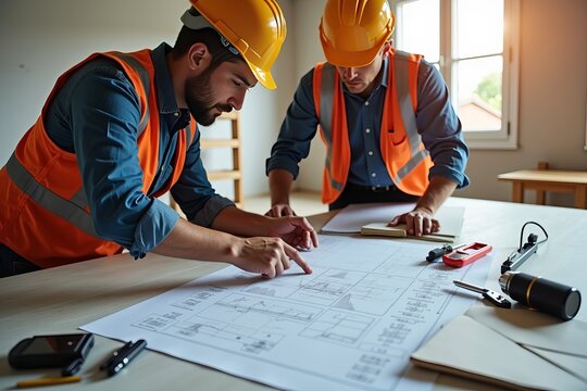 Document a Candid Exchange Between Contractor and Adjuster Reviewing Blueprints and Damage Assessments Amidst Tools and Construction Materials On-Site