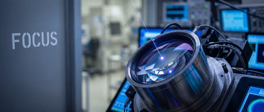 Laser optics scientific laboratory lens emitting blue beam from computerized equipment used for advanced physics research experiments and future tech engineering development in modern clean facility.