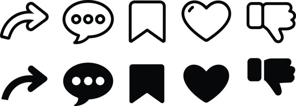 Social media button icon set with share comment bookmark heart and dislike linear glyph vectorsSocial media button icon set with share comment bookmark heart and dislike linear glyph vectors