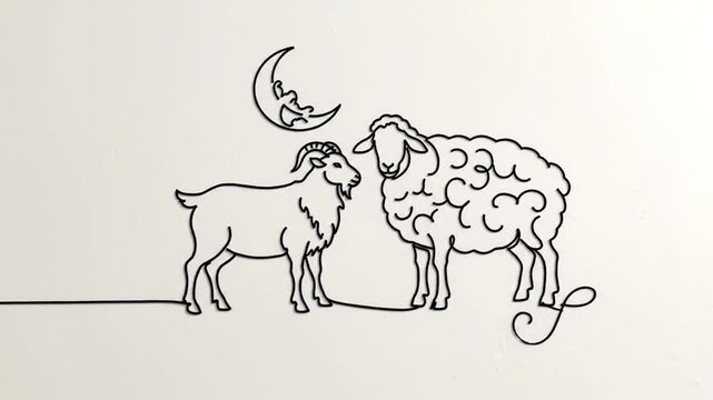 Continuous line drawing animation of a goat and sheep under a crescent moon
