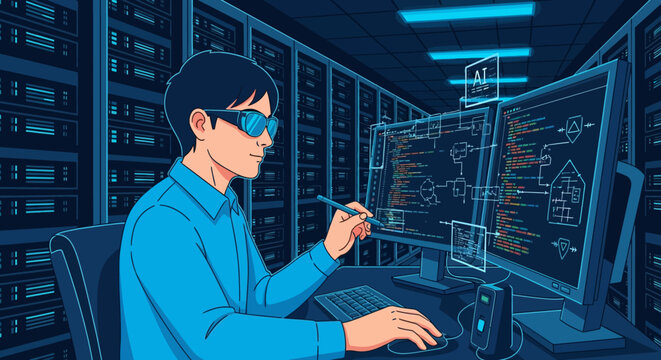 Man wearing blue glasses working on computer in server room.