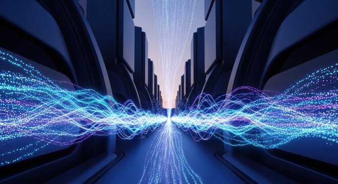 Futuristic Digital Cityscape with Flowing Data Streams.