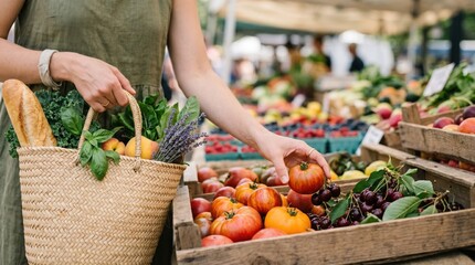 Fototapeta premium Young Caucasian woman shopping for fresh organic produce at a local farmers market holding a woven basket with vegetables and bread